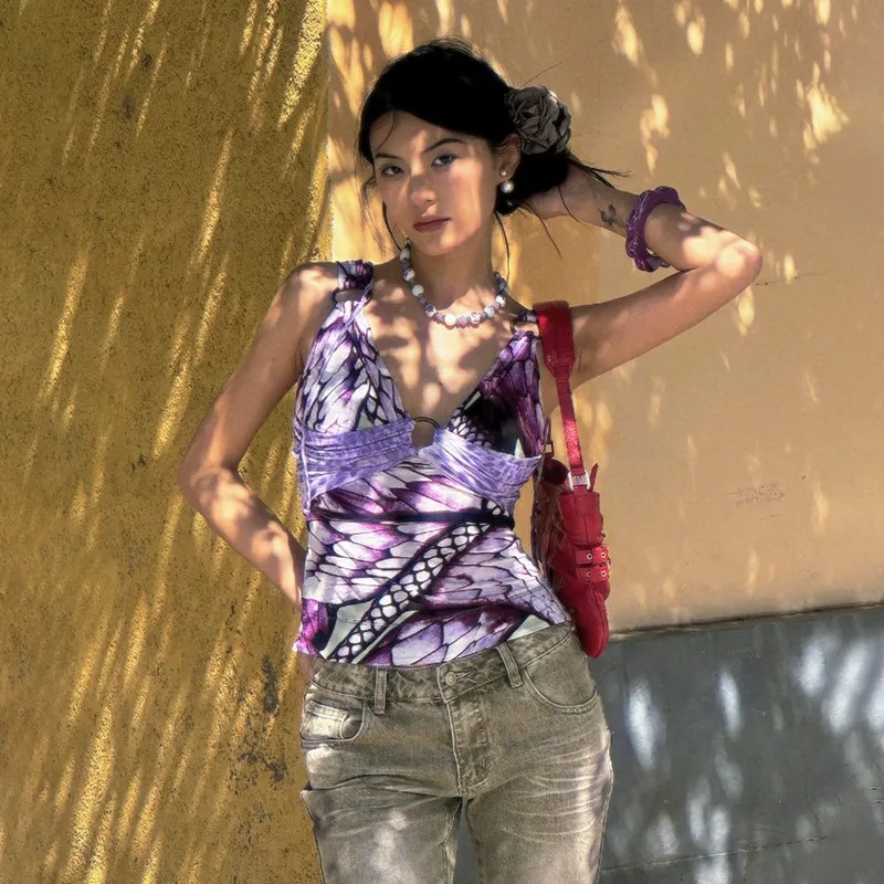 トップス 00s archive japanese label tank top y2k 2000s Skull Wing Print Tank Tops Cyber Grunge Y2K Graphic