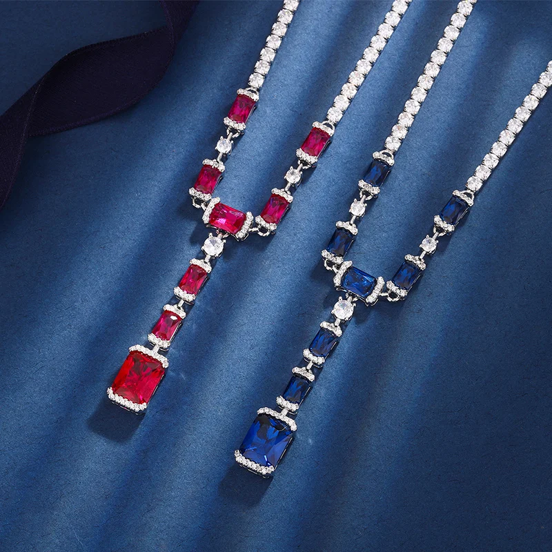 

EYIKA Luxury Square Created Sapphire Blue Ruby Red Stone Long Pendant Necklace Zircon Tennis Chain Necklace Women Fine Jewelry