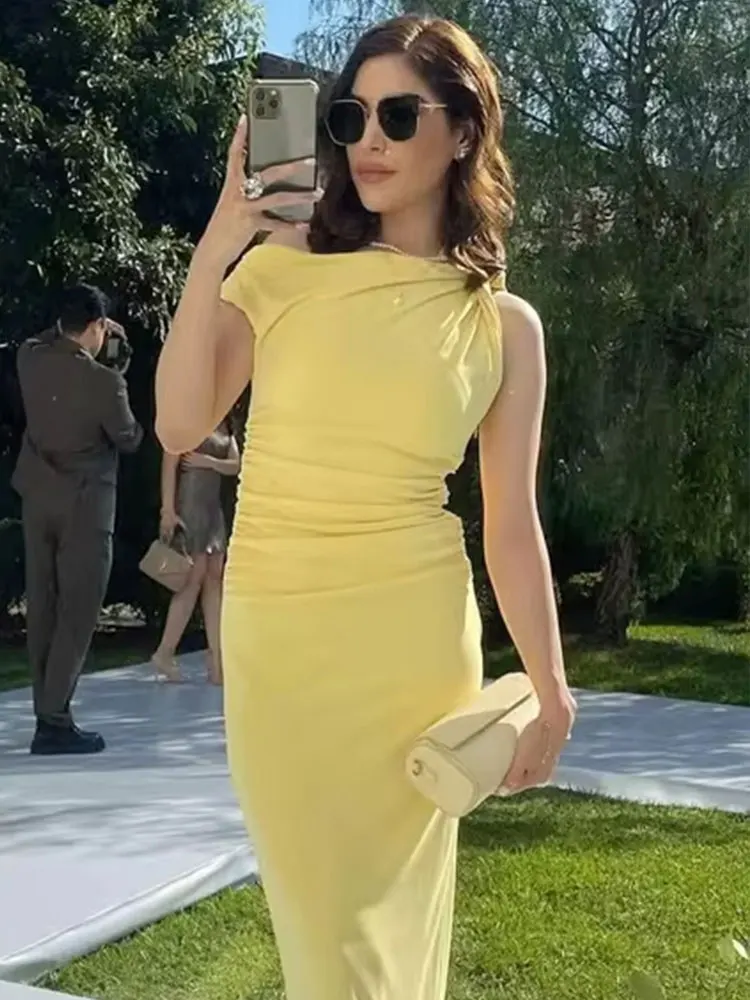HH Women Elegant Yellow Draped Midi Dresses Summer Off Shoulder Sleeveless Dress 2025 Holiday Party Evening Dress Vestidos