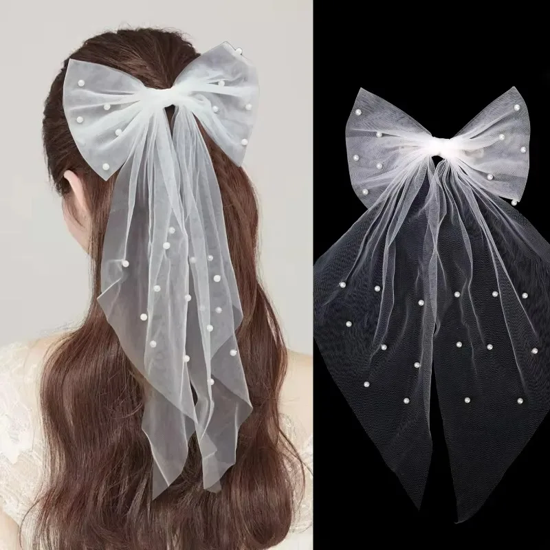 Women Long Ribbon Mesh Bow Hair Clips Elegant Pearls Hairpin for Bride White Mesh Hairpins Wedding Party Bride Hair Accessories hair accessories,bridal hair accessories