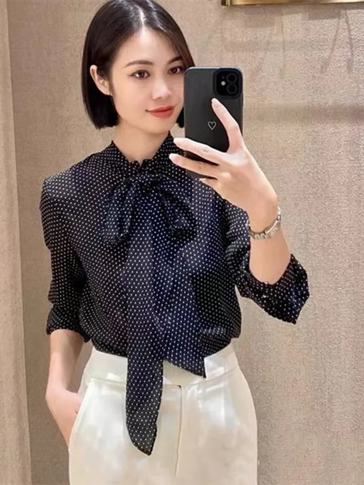 

Shirt for Women 2023 New 100% Silk Polka Dot Ribbon Slim Commuting Classic Covered Buttons Long Sleeve Blouse