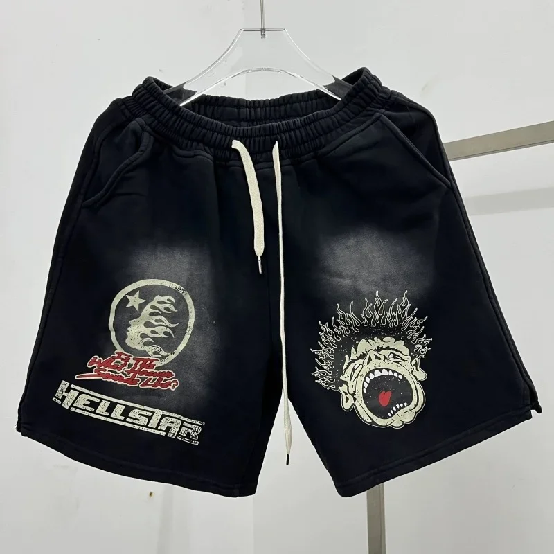 

24ss Hell Star Oversized Shorts For Men Women Washed Black Pure Cotton Y2K Shorts