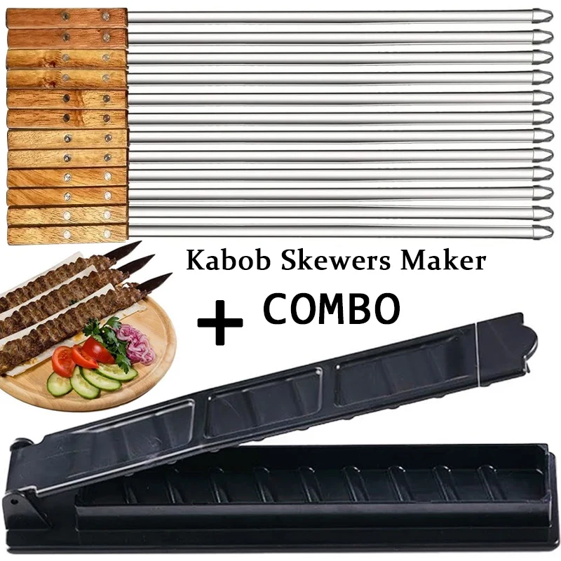 21Inch Long Flat 340 Stainless Steel Professional Grilling BBQ Skewer Meat Skewer Machine Kebab Press Maker Outdoor BBQ Tools