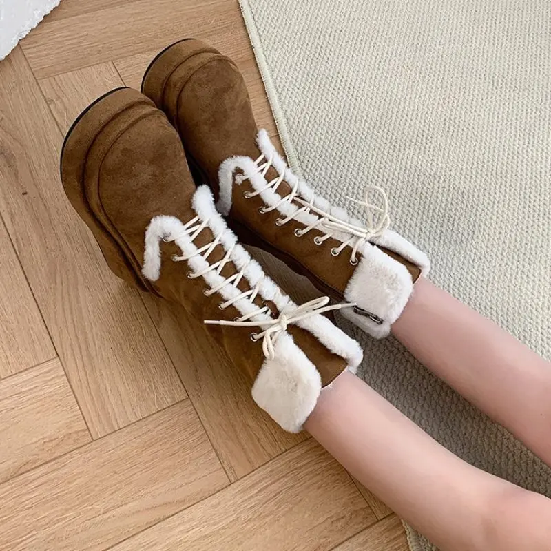 2024 NEW Platform Snow Boots For Women Fur Goth Fashion Comfortable Mid Calf Boots Wedge Casual Winter Warm Shoes Fashion Casual