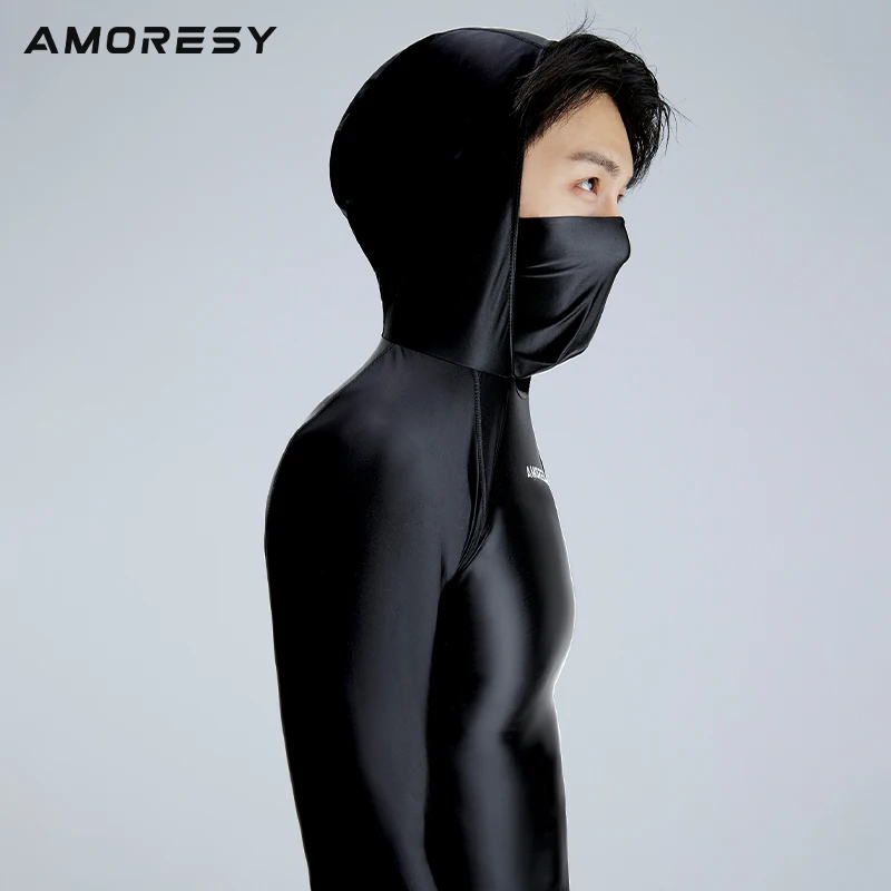 sexy Silk Breathable smooth T-shirt glossy tight surfing sun protection quick drying Hooded top fitness suit Men's swimsuit men swimsuit male swim rash guard