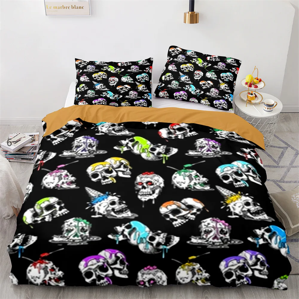 Skull Comforter Cover Red Hat Blue Hair Smile Duvet Cover Set King Size for Kids Boys Girl Halloween Gift Polyester Bedding Set