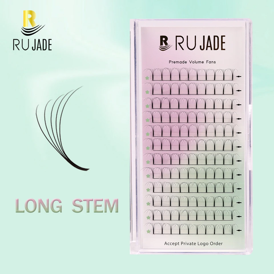 

Rujade Korean PBT 3D 4D 5D 6D Pre Made Fans Lashes Long Stem Super root Faux Mink Russian Volume Fans Eyelashes Extension Trays