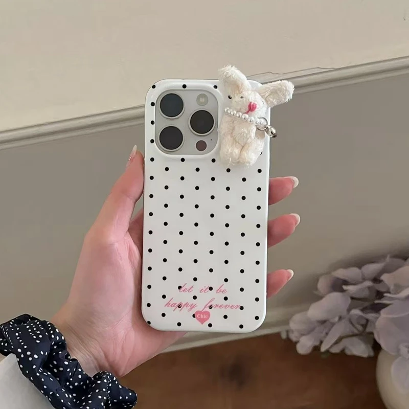 3D Plush Rabbit Polka Dot Phone Case with Plastic Detail
