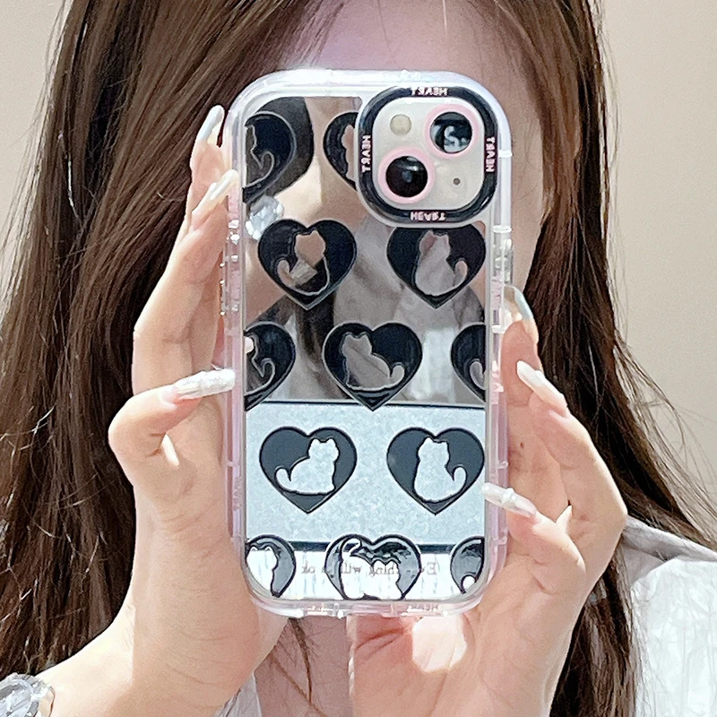 Cat Love Heart Silver Mirror iPhone Case