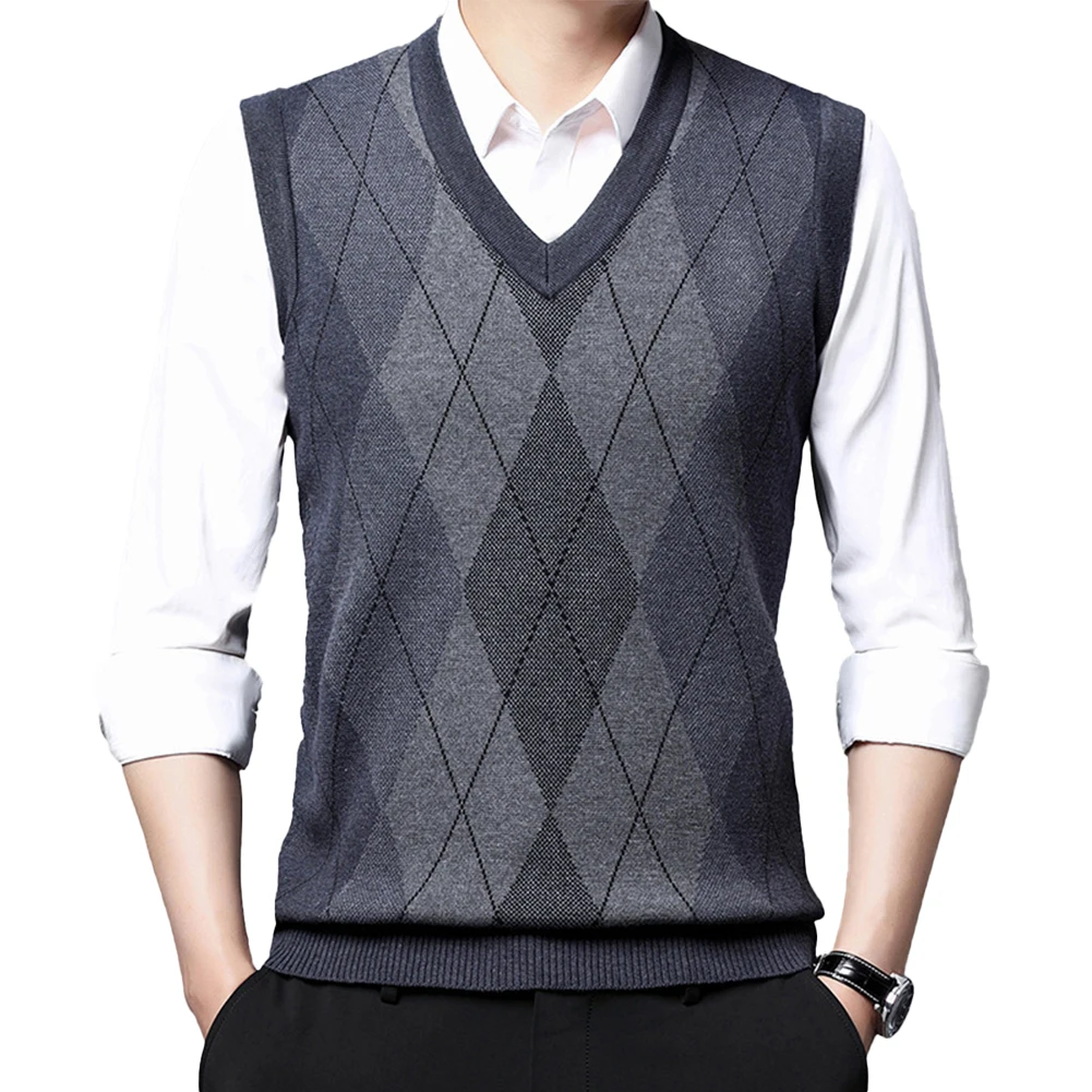 

Men Autumn Winter Thickened Warm Sleeveless Pullover Sweater Knitted Vest Tank Top V Neck Casual Plaid Top Slim Fit Male Sweater