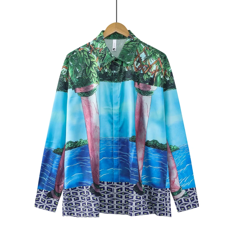 

Beach Holiday Casablanca Shirts Seaside Pavilion Leaf Print Long Sleeve Cardigan Causal Loose Casa Hawaiian Shirt for Men Women