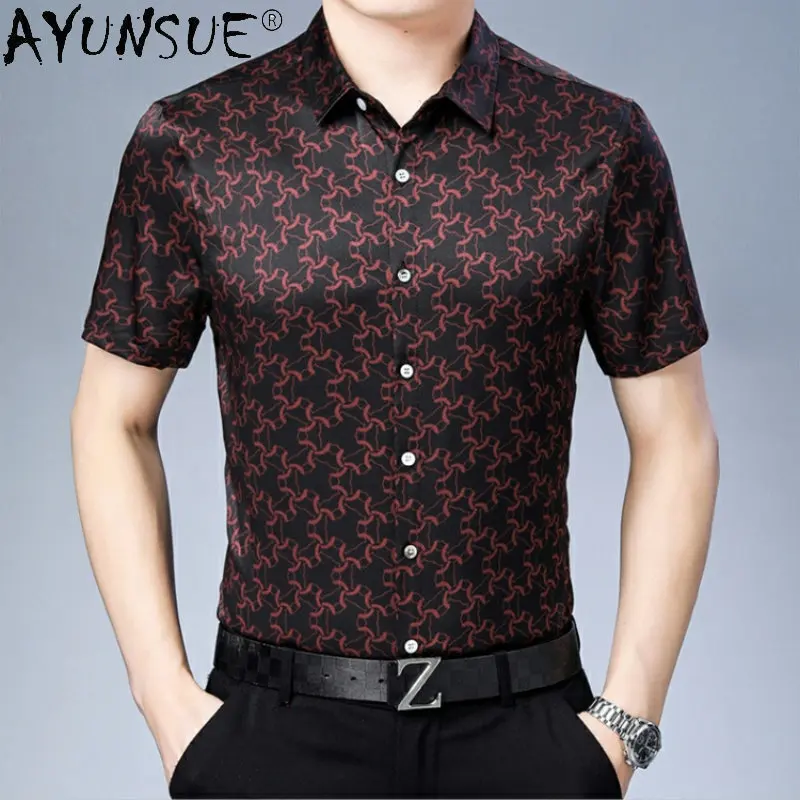 

90% Mulberry Real Silk Shirt for Men Fashion Short Sleeved Shirts Men's Clothing High End Summer Printed Shirts Men Camisetas