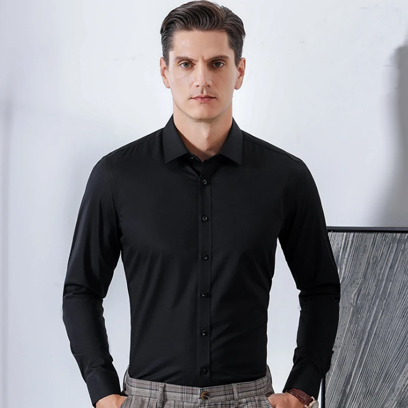 대나무 섬유 긴팔 셔츠 남성용, 신축성 있는 비철 주름 방지, 단색 슬림핏, 6XL, 7XL, 8XL, 2023 봄 가을 신상