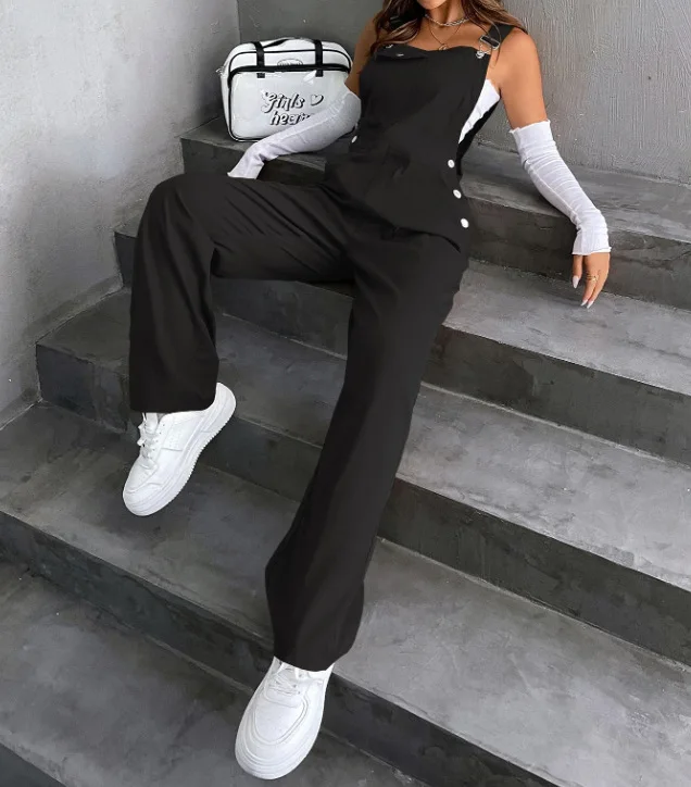 Retro Pocket Solid Color Straight Leg Utility Overalls Loose Fashion Casual Pants