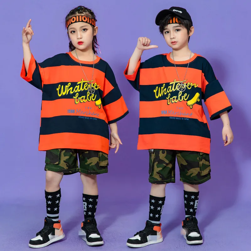 

Kid Kpop Hip Hop Clothing Striped Oversized T Shirt Top Camouflage Summer Cargo Shorts for Girl Boy Jazz Dance Costume Clothes