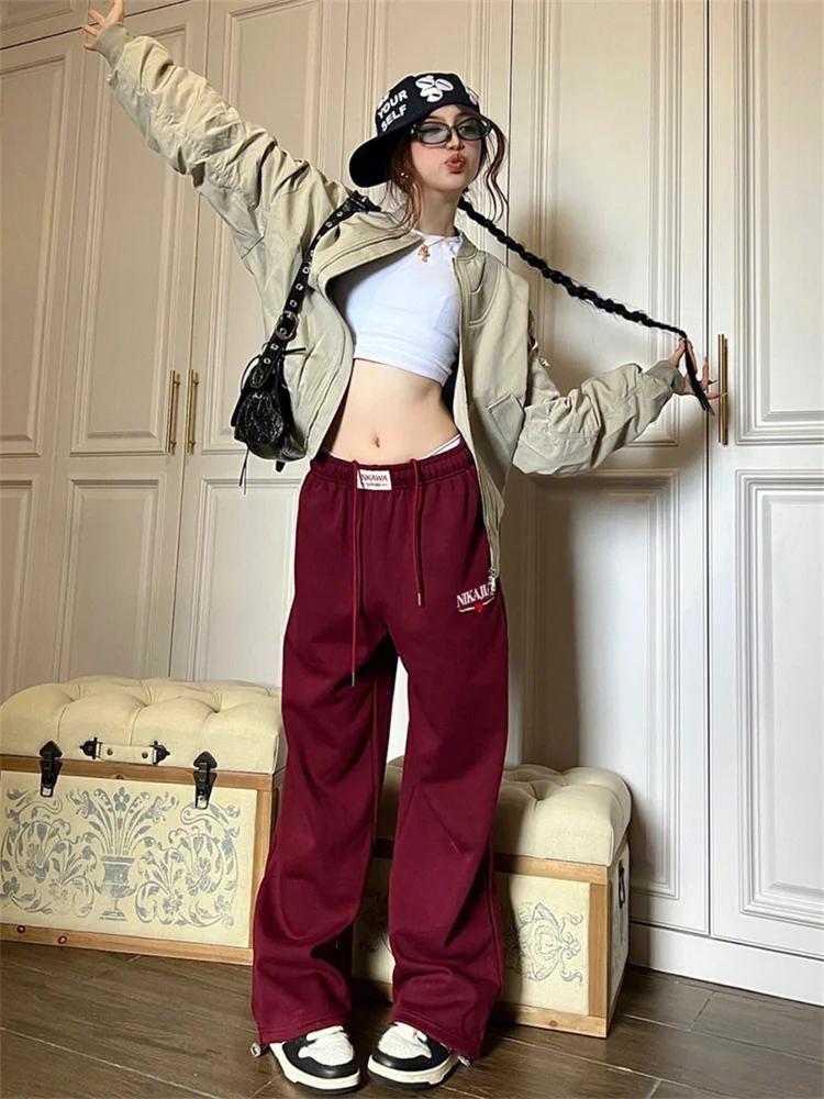 Deeptown Korean Fashion Red Sweatpants Woman Y2K Hip Hop Basic Wide Leg  Sports Pants Oversized Kpop Streetwear Jogging Trousers