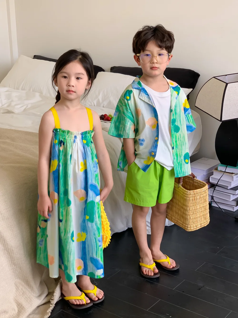 

Korean Children's Clothing 2023 Summer Girls Ink Painting Sling Dress Or Boys Lapel Short Sleeve Shirts Kids Fashion Clothes