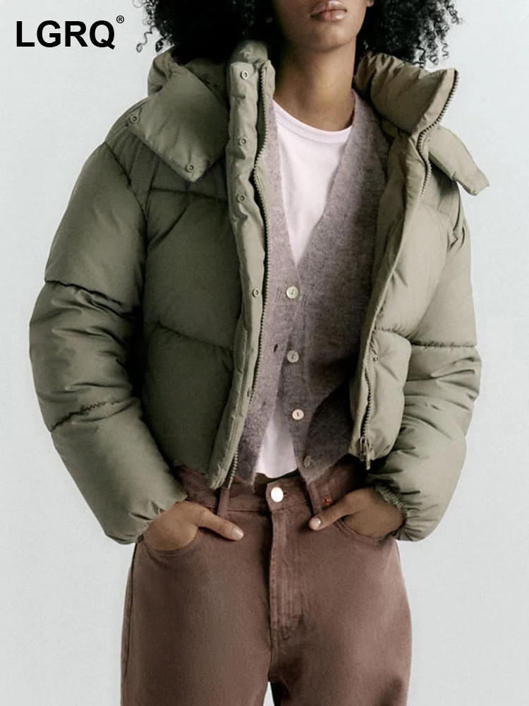 

LGRQ 2024 Winter New Trendy Solid Color Thermal Parka Women's Hooded Zipper Bread Padded High Quality Female Warm Jacket 19F3542