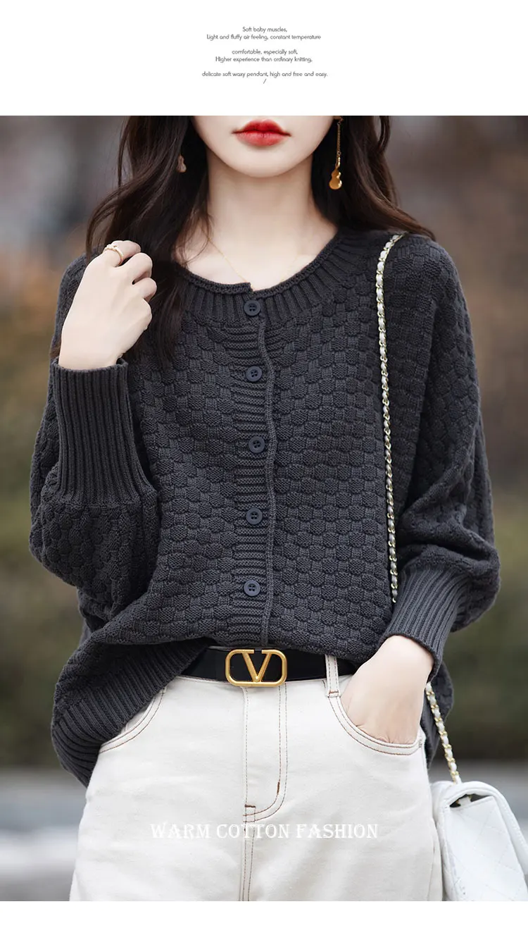 Women's 100% Cotton Sweater Round Collar Bat Sleeve Cardigan Autumn Winter Checkerboard Grid Warm Jacket Casual Knit Basic Tops