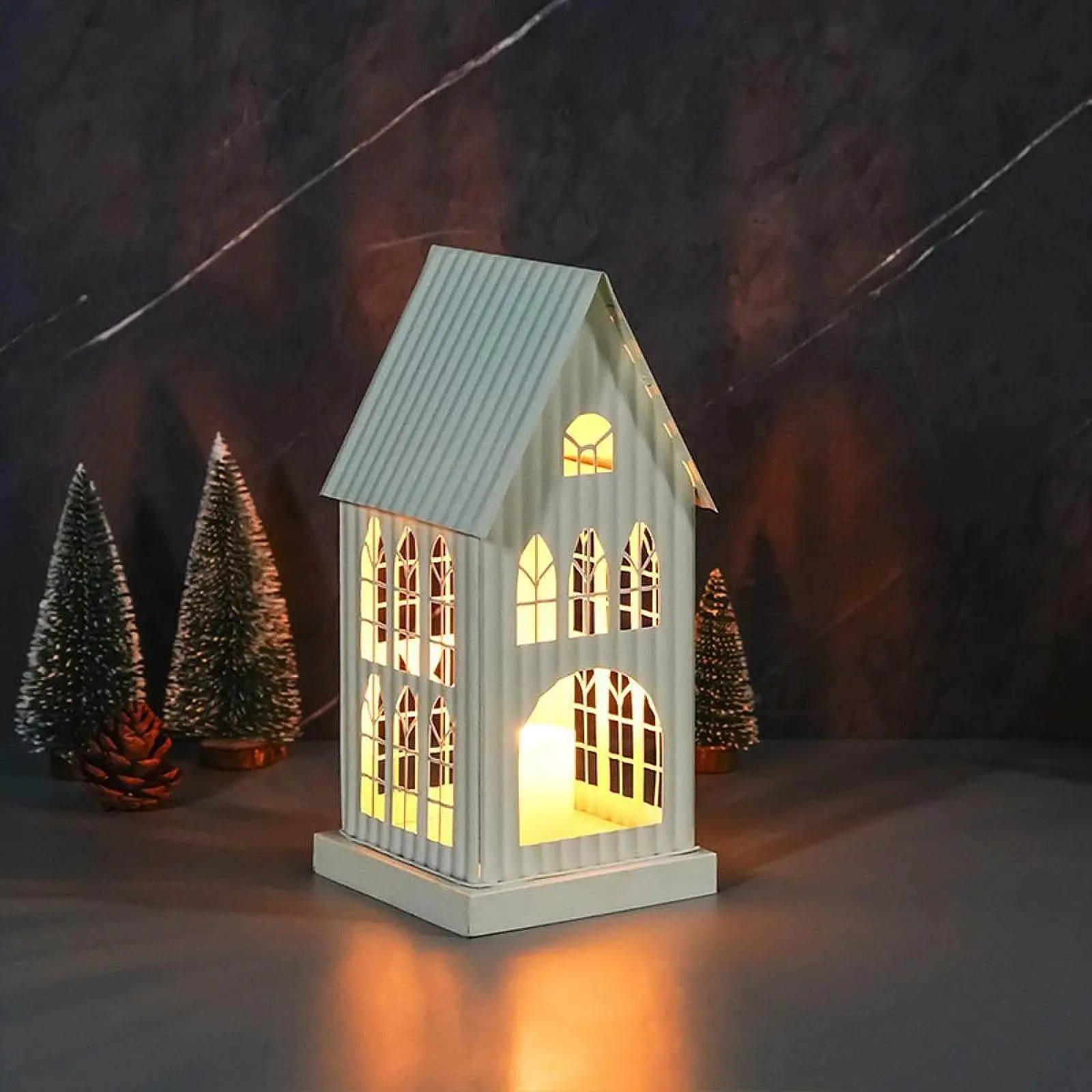 Village House Candle Holder Tea Light Lantern Desktop Ornament Candle Stand for Table Indoor Living Room Desk Home Decoration