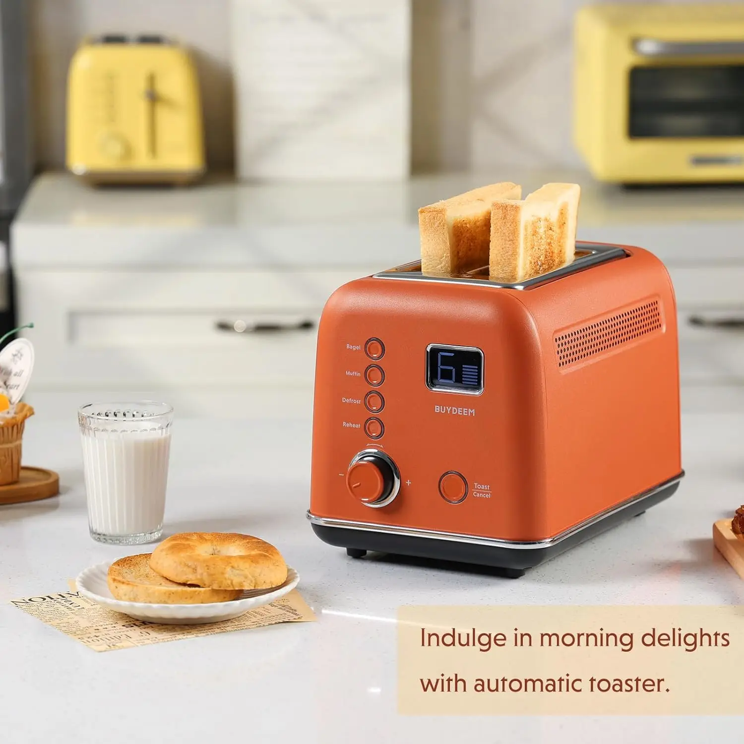 Motorized Toaster, 2-Slice Smart Digital Leverless Toaster with LCD Countdown Timer, 9-Shade Settings for Toast, Bagels, Waffles 5