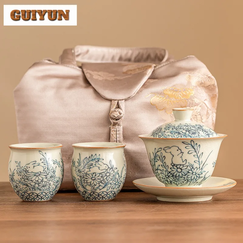 Cute Rabbit Sunshine Flower Ru Kiln Tea Set Kit Creative 1 Pot 2 Cups Tea Making Portable Travel Organizer Cloth Bags Supplies