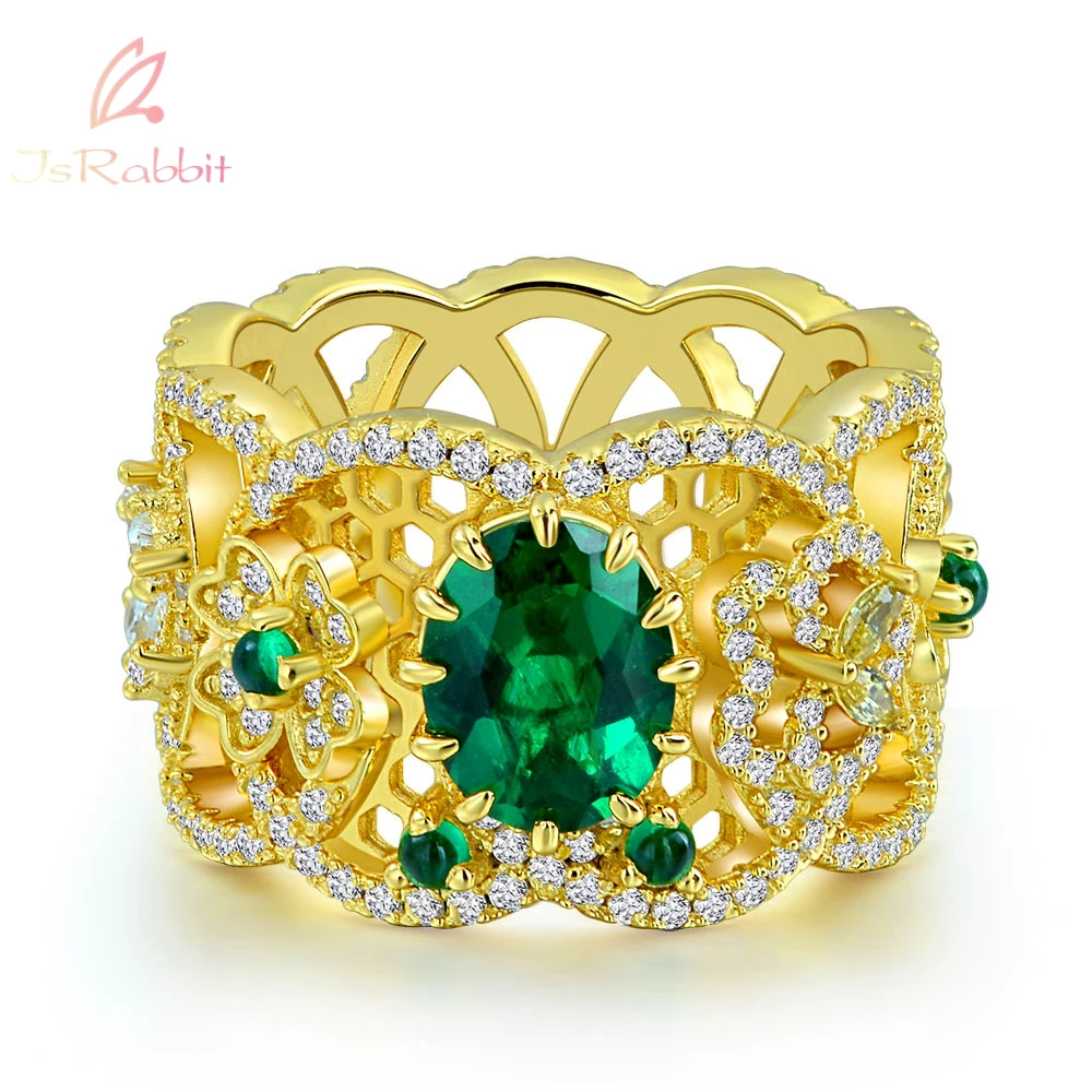 

IsRabbit 18K Yellow Gold Plated 2CT Lab Grown Emerald Muzo Green Sapphire Ring 925 Sterling Silver Luxury Jewelry Drop Shipping