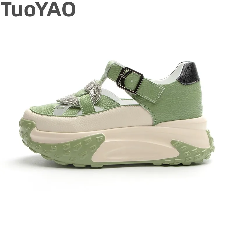 

7cm Genuine Leather Mules Rhinestone Shoes Sandals Synthenic Platform Wedge Buckle Women Fashion Casual Summer White Slippers