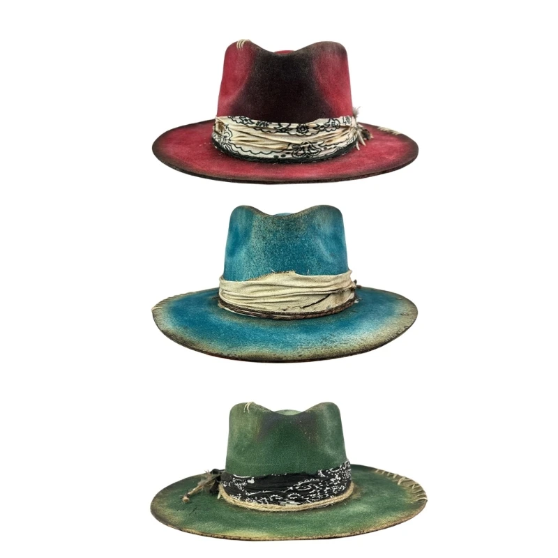 Wool Top Hat Homburg Fedoras Exotic Belt Distressed Victorian Age Classical Porkpie for Boy Men Adults
