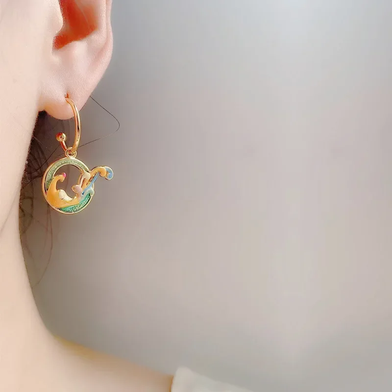 Chinese Style Vintage Enamel Copper Alloy Gild Asymmetric Phoenix Earrings for Women Jewelry Hanfu Party Girlfriend Gift