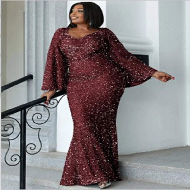 2023 Long Neck Flare Sleeves Floor Sweeping Sequins Prom Dress Ladies Elegant Wedding Birthday Party Fashion Evening Dress