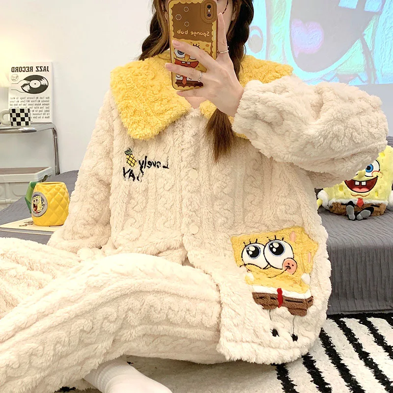 

Kawaii Winter Spongebob Squarepants Pajama Sets Padded Flannel Cardigan Patrick Star Cute Pajamas for Women Cartoon Loungewear
