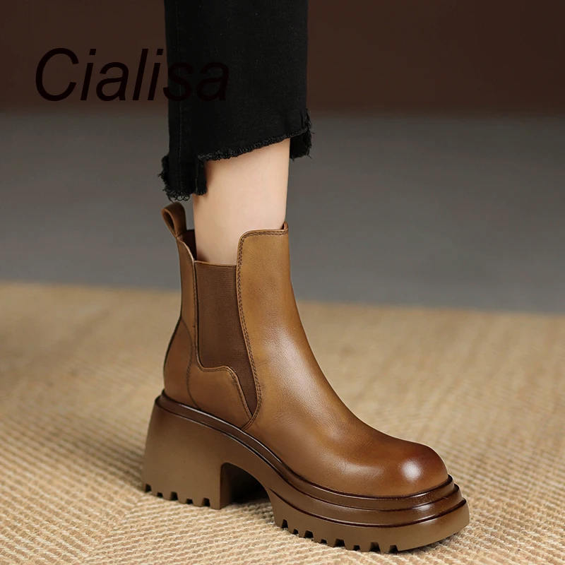 

Cialisa Platform Short Boots For Women 2023 Autumn Winter Vintage Round Toe High Quality Genuine Leather Thick Heels Ankle Boot