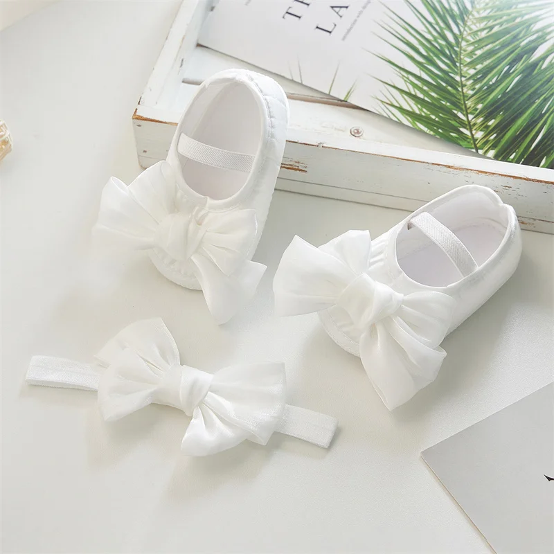 Baby Girls Baptism Shoes and Headband Sets Bog Bowknot Flats Infant Crib Shoes Newborn Casual Princess Shoes 4