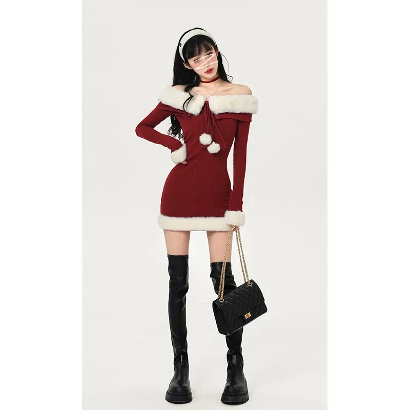 Women Winter White Faux Fur Slim Christmas Party Dress 2023 New Lady Off  Shoulder Elegant High Waist Bodycon Dress With Red Bow - AliExpress  200000345