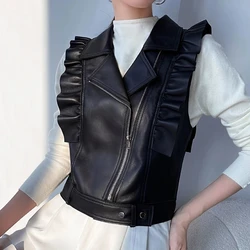 Spring White Clothing French Fashion Women Vest Female Sleeveless Garment Thin Retro Ruffled Genuine Leather Gelit Casacas