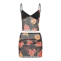 Hirigin – ensemble d'été pour femmes, sans manches, col en V, coupe basse, haut caraco + taille élastique, imprimé floral, mini jupe, tenues 2 pièces 2