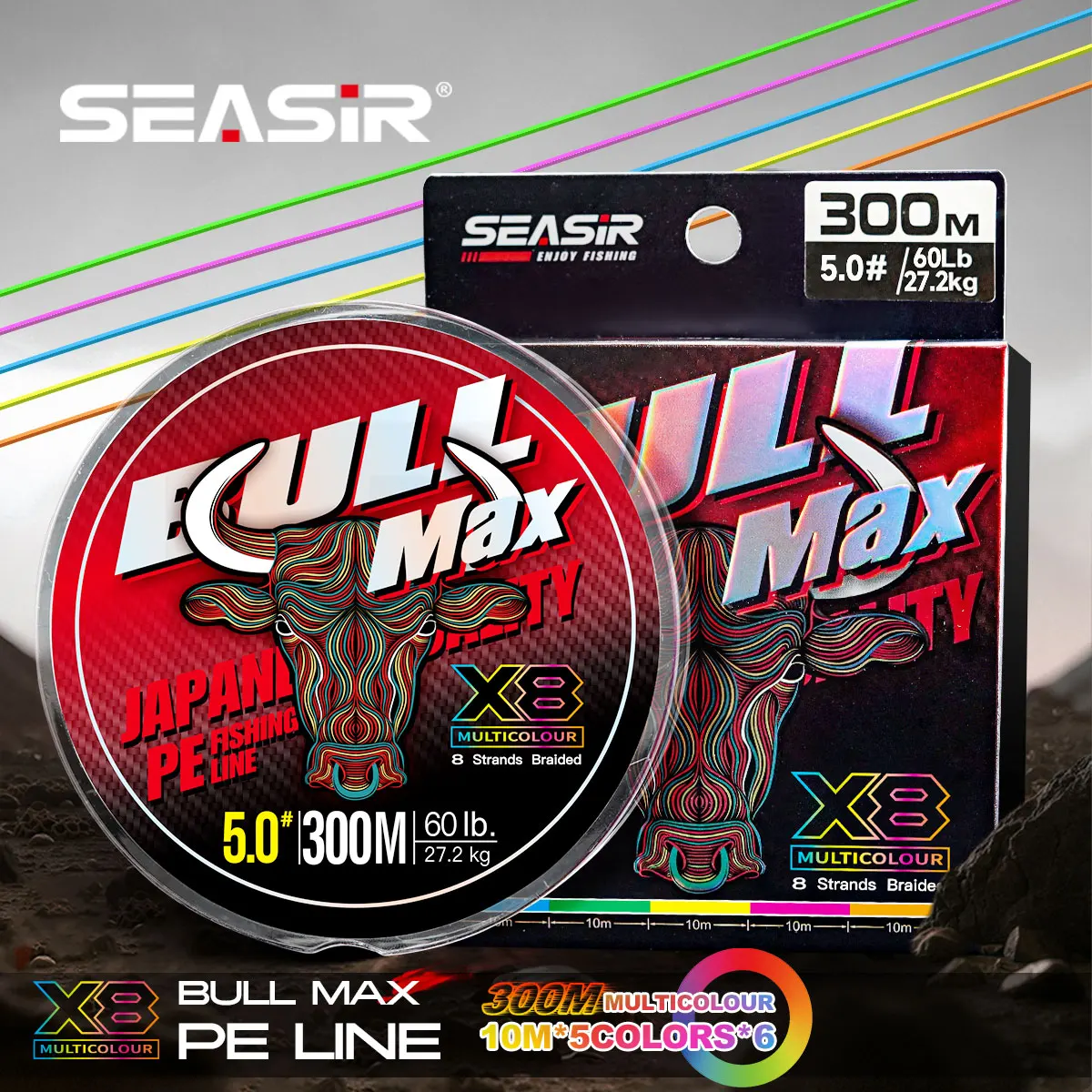 SEASIR Braided Fishing Line Bull Max X8, Multicolour PE 300M 0.8 6.0 15 70LB Japanese Quality High Strength Sea Main Line