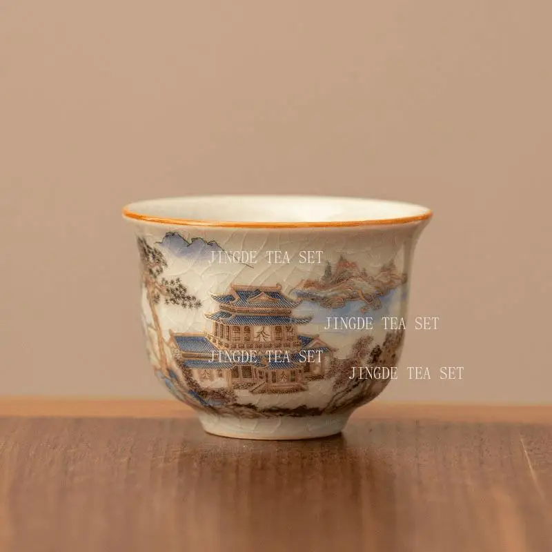 Ceramic Teacup Ru Kiln Embroidered River and Mountain Tea Cup Chinese Household High-end Master Cup Tea Set Drinking Utensils