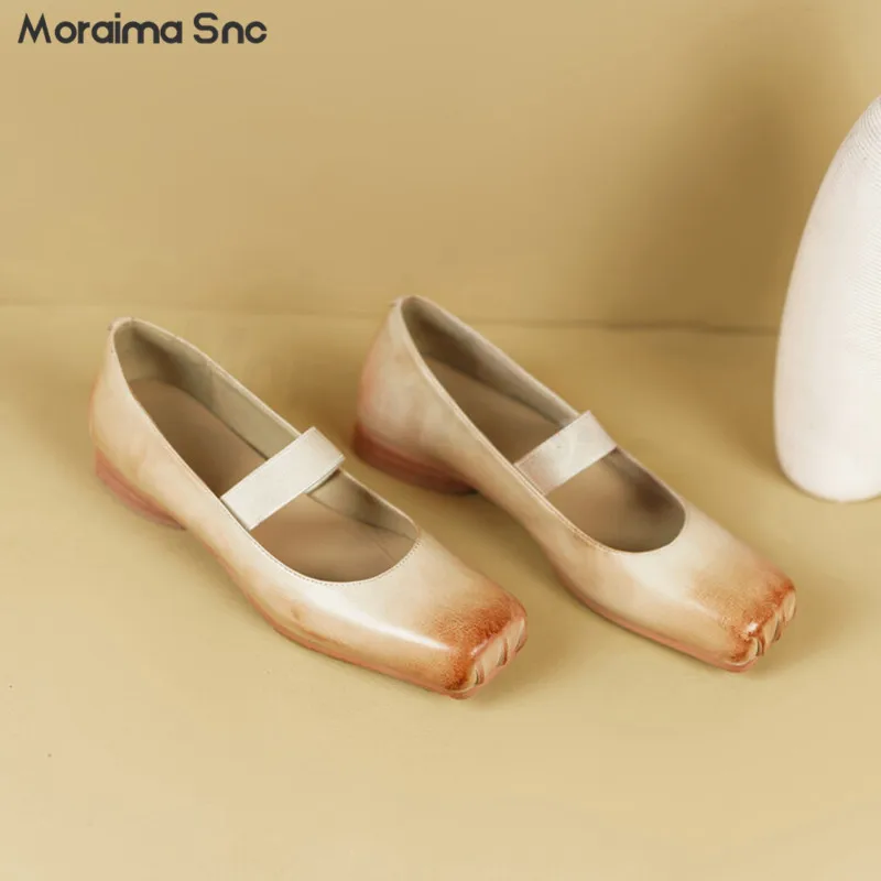 

Retro Distressed Square Toe Ballet Shoes Full Leather Inside and Outside Low Heel Elastic Strap Shallow-Mouth Shoes for Women