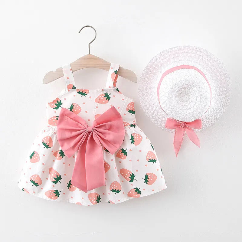 Summer Girls Sling Dress Sweet Strawberry Big Bow Cotton Cloth Skirt Comes with Hat Suitable 0-3 Year Old Babies girls dress