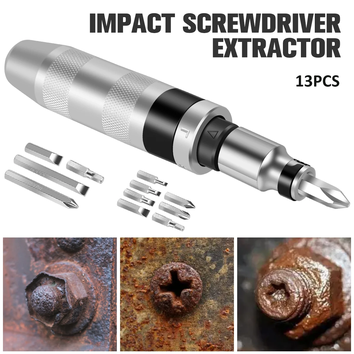 

13Pcs Impact Screwdriver Set Multi-purpose Heavy Duty Shock Screw Driver Chisel Bits Tool Kit Screw Extractor Remover Repair Set