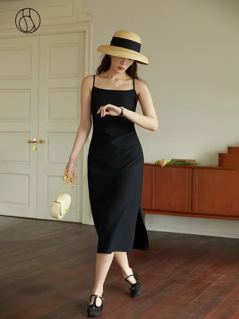 DUSHU Women Long Black Slip Dress Slit Design Elegant Square Neck Slip Dress Adjustable Strap Spring Women Solid Dress Ranked Product Recommendation