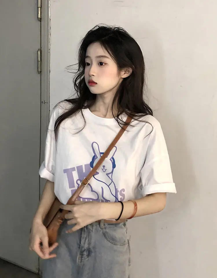 Summer creative earphone rabbit round neck t-shirt women ins loose version home casual small fresh short sleeve top girl clothes