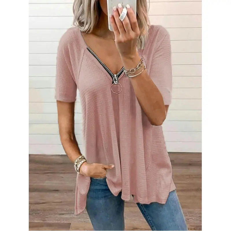 

2022 Summer Large Women's Casual T-Shirt Solid V-Neck Zipper Loose Short Sleeve Top for Female Black Gray White Cotta Pullover