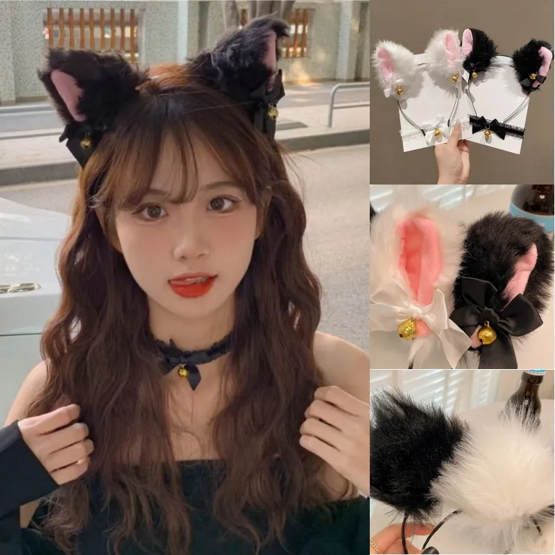 Hair Headband Fox Cat Ears Fur Headband Hoops Lace Bell Bow Necklace Plush Hairband Halloween Cosplay Props Headwear Christmas Party Gifts