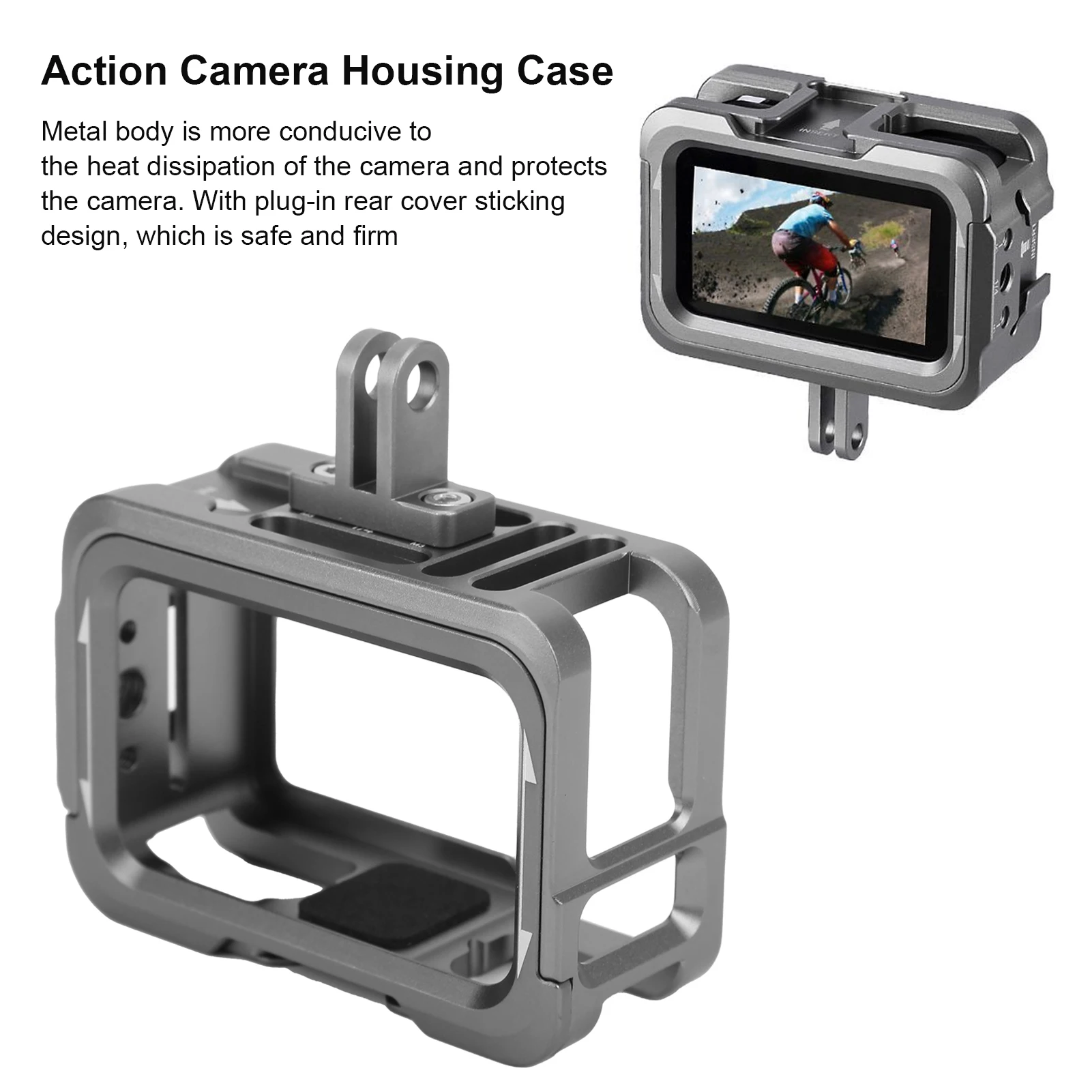 Vue détaillée de la cage de protection aluminium pour DJI Osmo Action avec système de fixation.