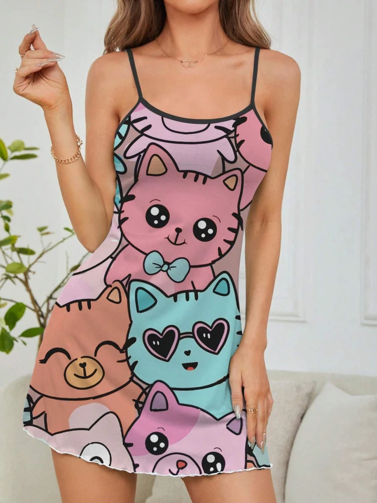 

Women Nightgowns Summer Sleeveless Cute Cat Printing Sleepdress With Adjustable Shoulder Strap Casual Sleepwear Midi Dress