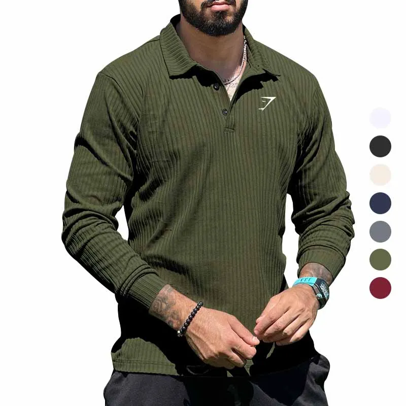 Autumn and Winter New Men's Casual Polo Shirt Solid Stripe Top Outdoor Versatile Comfortable Polo Collar Long Sleeve Top for Men