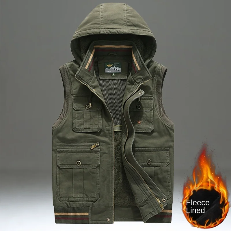 Autumn Men's Clothing Solid Color Casual Loose Vest Men's Multi Bag Work Clothes Fashion Camping Tactical Sports Vest Coat cotton vest,dress vests